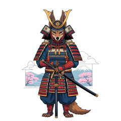 A noble fox warrior in traditional samurai armor, standing with a katana against a backdrop of Mount Fuji and sakura.