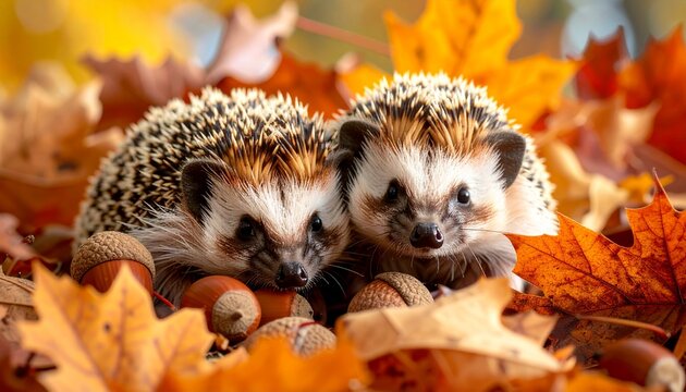 Hedgehogs Snuggling Among Autumn Leaves and Acorns - Powered by Adobe