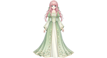 Elegant anime princess with flowing pink hair and delicate green gown, exuding grace and beauty.