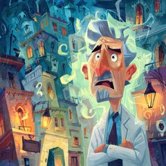 A man in a white coat stares in astonishment at a fantastical city.