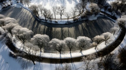Winter wonderland park scene with icy trees and a winding canal.