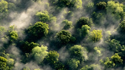 Lush forest canopy shrouded in morning mist.