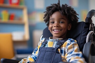 Fototapeta premium Inclusive image of a happy gay female employee with blue hair sitting in a wheelchair in a diverse and accessible DEI workplace. The image celebrates Pride Month and inclusion, Generative AI