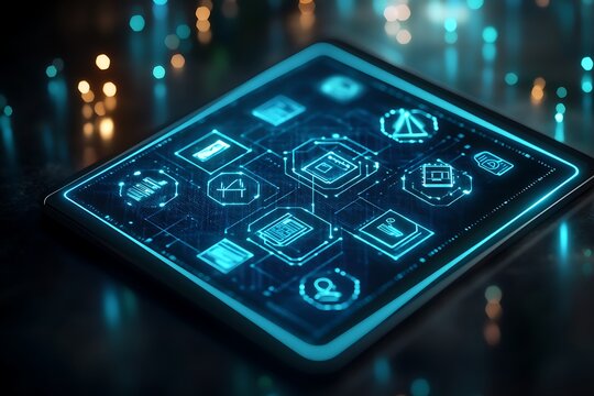 Close-up of a tablet displaying a digital interface with glowing cyan and orange lines