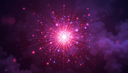 Naklejka premium Abstract blust in the middle and tine particles in warm colors spreading from the burst all the way in dark purple background, sparkling, quantum energy theme, negative space on the right , shimmering