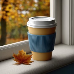 A cup of coffee sits on a windowsill next to a fallen leaf, with a beautiful autumn scene visible through the window
