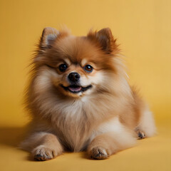 Obraz premium Adorable Pomeranian Puppy Smiling on Yellow Backdrop a Captivating Portrait of Canine Cuteness and Fluffy Charm Displaying Joyful Expression