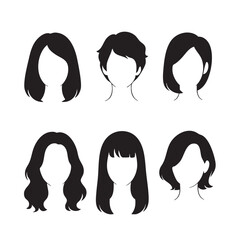 Women hairstyle silhouette set vector. Collection of six female haircuts in black and white including long hair, short hair, bob cut, wavy style, bangs, and layered look for beauty and salon design