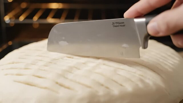 Baking Bread Scoring the Dough Before Oven.