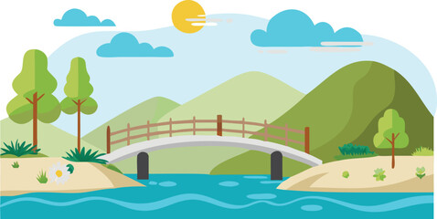 A scenic bridge spans a river, surrounded by lush trees and majestic mountains in the background.