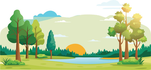 Naklejka premium Vector illustration of a serene forest landscape featuring a tranquil lake surrounded by lush trees.