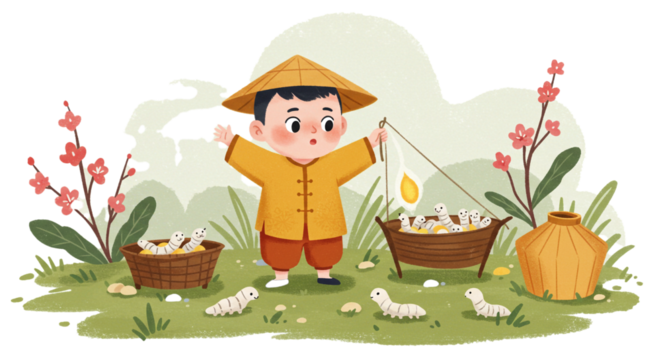 A curious child in a traditional hat learns about silkworms and cocoons, engaging with the natural process of silk farming in a serene outdoor environment.