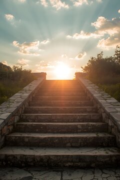 Stone staircase leading upward toward the bright horizon with scenic sunset and dramatic sky, symbolizing hope, success, achievement, and future vision in inspirational background