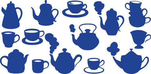  Teapot and Teacup Vector Silhouette Set – Beverage, Tea Time, Drinkware, Kitchen, Café, Hot Drink, Utensils, Dining, Hospitality, Icon