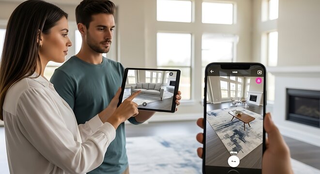 Illustration of couple uses augmented reality on tablet and phone to visualize home interior design