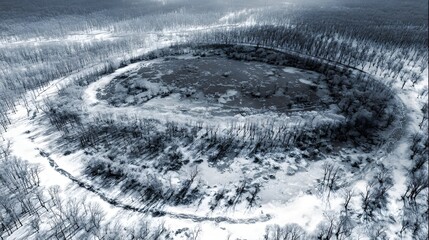 Aerial view of a winding river flowing through a snowy forest.