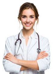 A confident young female doctor wearing a white coat and stethoscope, with arms crossed and a smile.