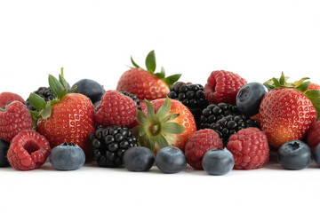 Obraz premium A vibrant assortment of fresh mixed berries including strawberries raspberries and blueberries isolated on white background