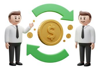 透明な背景を持つコイン交換を示す緑の矢印を持つビジネスマン