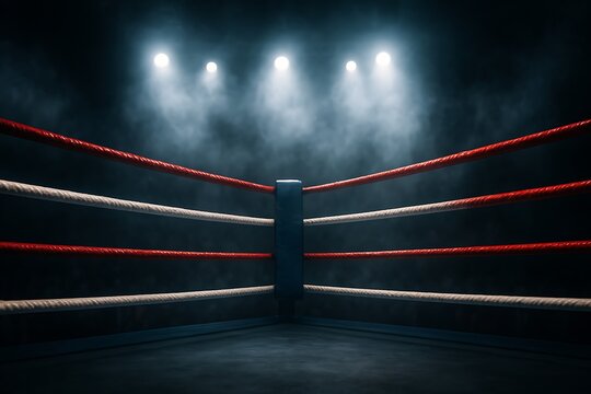 Intense boxing ring view lit by bright spotlights evoking anticipation and competition arena space.