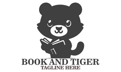 This adorable tiger mascot. Unique vector illustration of a cartoon tiger engrossed in reading a book and tiger logo design