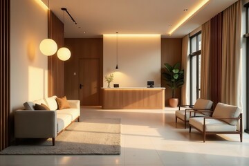Serene Minimalist Reception Area Design with Warm Lighting and Natural Wood Accents