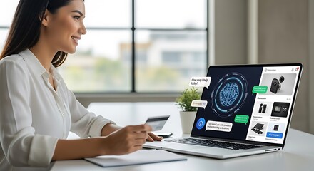 Illustration of woman uses laptop and credit card for online shopping with ai interface