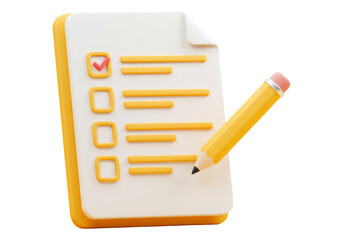 オレンジ色の鉛筆が付いた白いチェックリストの3Dレンダリング 透明な背景上のタスクとビジネスの概念