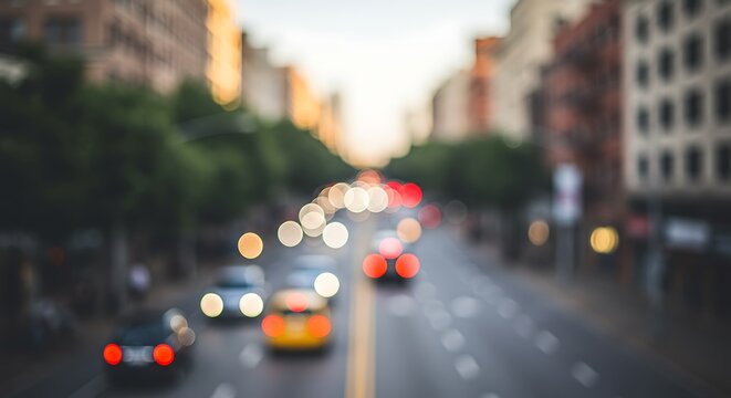 Abstract bokeh effect of city street traffic at dusk, an out-of-focus urban landscape with colorful glowing lights.