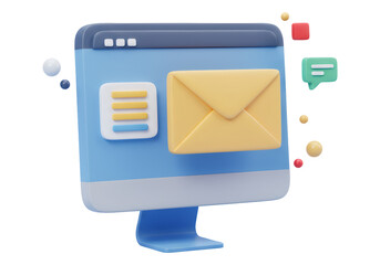 青いコンピューターの透明な背景に黄色い封筒メールの3Dレンダリングメッセージとキューブ