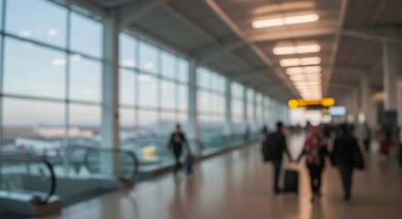 Obraz premium Blurred background view of a modern airport terminal with travelers in motion, a conceptual image with soft bokeh light effects