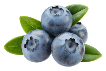 Obraz premium Cluster of ripe blueberries with green leaves isolated on white background