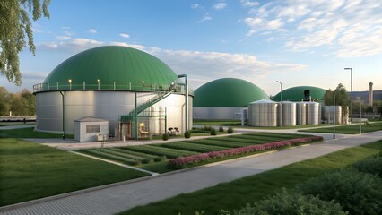 Fototapeta premium A Biogas Plant turns organic waste into clean energy and fertilizer through anaerobic digestion, offering a sustainable and eco-friendly solution for waste management and energy production