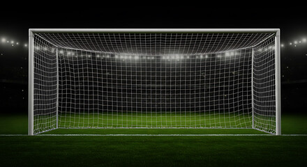 Fototapeta premium Illuminated Soccer Goal at Night: Dramatic Stadium Setting
