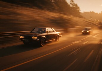 Two classic cars speed down a sunlit highway at golden hour, creating a dynamic motion blur effect.