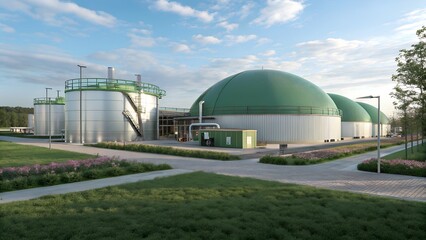 Fototapeta premium A Biogas Plant turns organic waste into clean energy and fertilizer through anaerobic digestion, offering a sustainable and eco-friendly solution for waste management and energy production