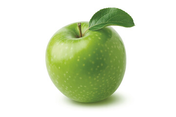 A single vibrant green apple with a fresh leaf sits isolated on a clean white background