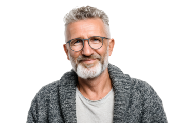 A middle aged man with gray hair, beard, and glasses smiles warmly, wearing a casual gray sweater against a white background.