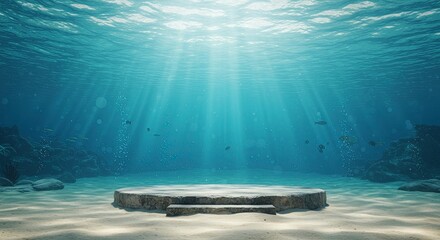Empty stone stage underwater on the seabed, a podium background for product display with sun light and fish.