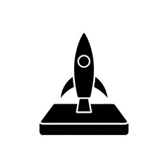 Fototapeta premium blue rocket icon above metallic silver platform on transparent background
