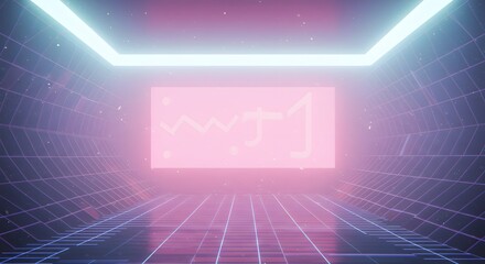 Obraz premium Futuristic, glowing corridor with a pink screen displaying a rising graph, evoking a sense of technological advancement and progress.