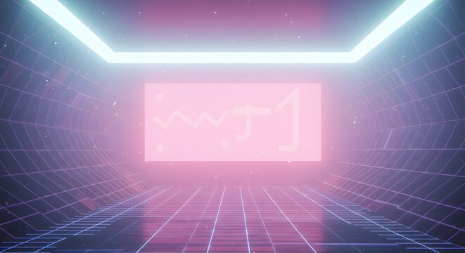 Futuristic, glowing corridor with a pink screen displaying a rising graph, evoking a sense of technological advancement and progress.