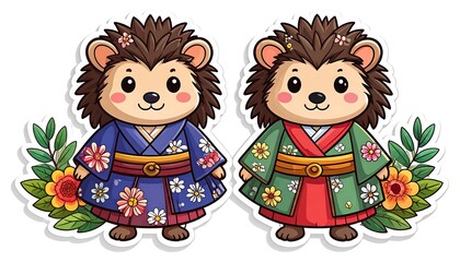 Fototapeta premium Cute hedgehogs in traditional Japanese clothing