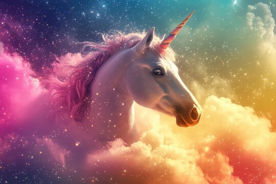 A whimsical unicorn emerging from a rainbow-colored cloud, with sparkles and stars in the background