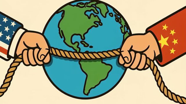 Global economy competition and struggle shown by hands pulling rope around globe symbolizing market tension and international