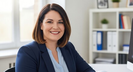 Professional caucasian businesswoman in a blue blazer smiling in a modern office setting