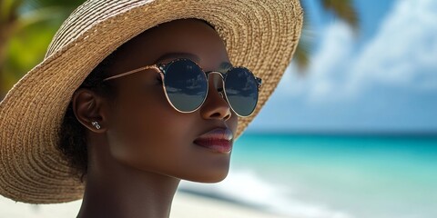 Side profile of a beautiful African woman wearing sunglasses and a straw hat on a beach vacation, Generative AI