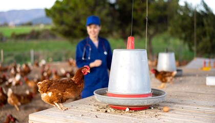 A veterinarian tends to chickens on a farm