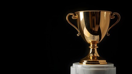 Close up of golden trophy cup on white marble base with black background, symbol of victory, achievement, success, award and excellence