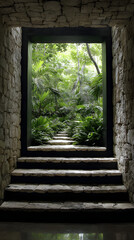 Fototapeta premium Minimalist Stone Steps Leading to a Lush Tropical Garden through a Dark Rectangular Opening